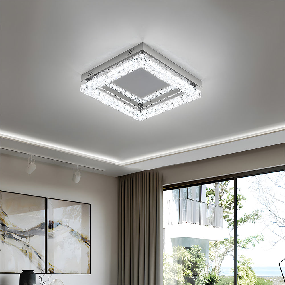 Square Crystal Ceiling Light - Chrome LED Flush Ceiling Lamp for Living Room, Bedroom
