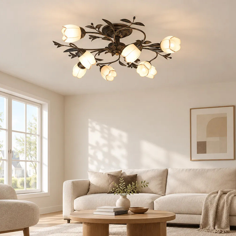 Traditional Floral Semi Flush Mount Glass Ceiling Lights for Bedroom