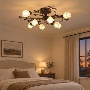 Traditional Floral Semi Flush Mount Glass Ceiling Lights for Bedroom