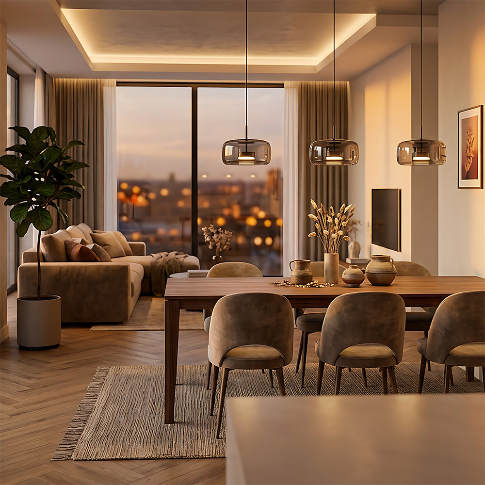 Elegant Amber Glass Iron LED Pendant Lights for Living Room