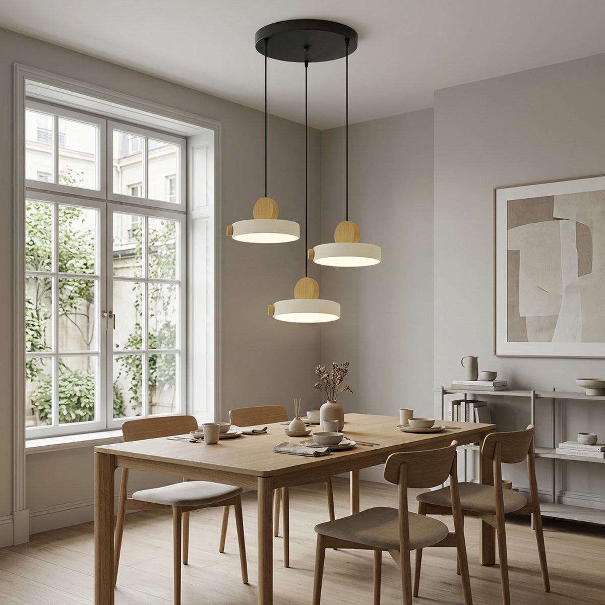 Nordic Circular Disc Iron & Wood Pendant Lights for Dining Area
