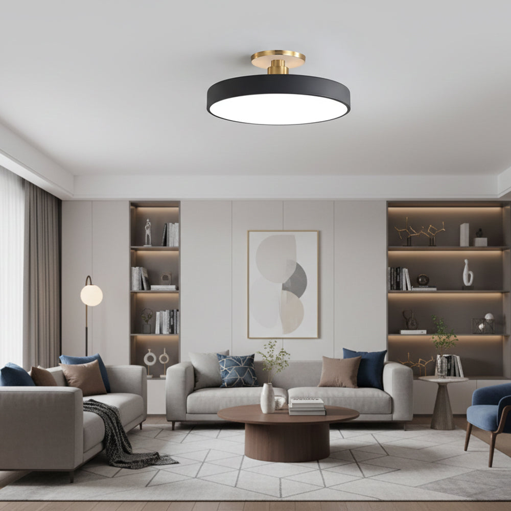 Modern LED Black Circular Semi Flush Ceiling Lights for Living Room