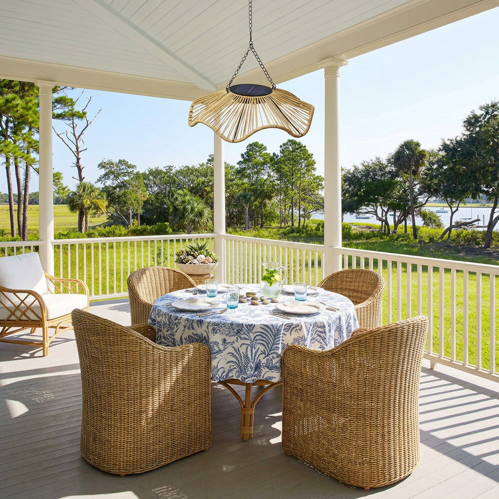 Outdoor Solar Wavy Woven Rattan Pendant Light for Patio Garden Gazebo