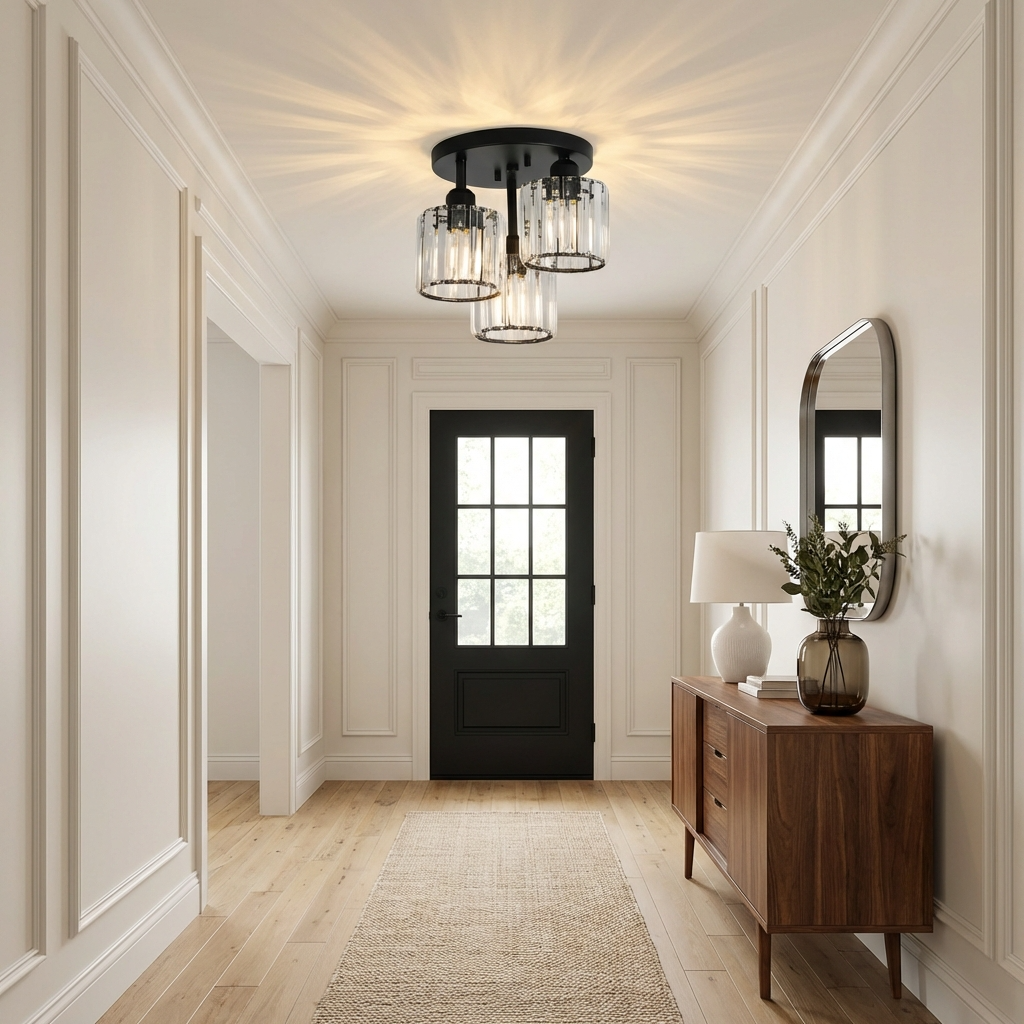 Modern hallway with a black door, wooden console table, and decorative light fixture.