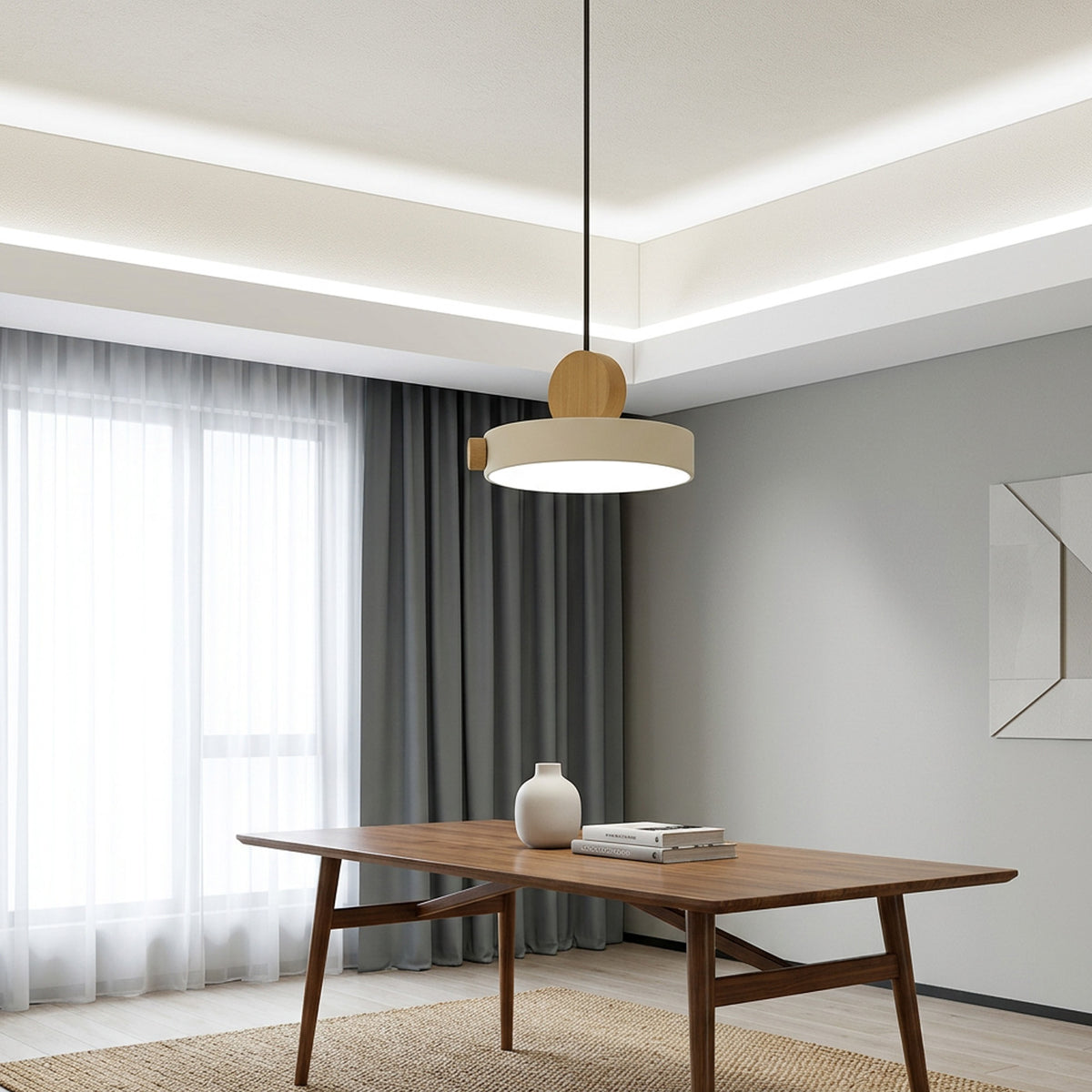 Nordic Circular Disc Iron & Wood Pendant Lights for Dining Area
