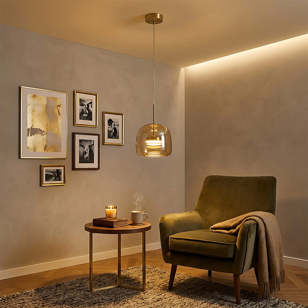 Elegant Amber Glass Iron LED Pendant Lights for Living Room
