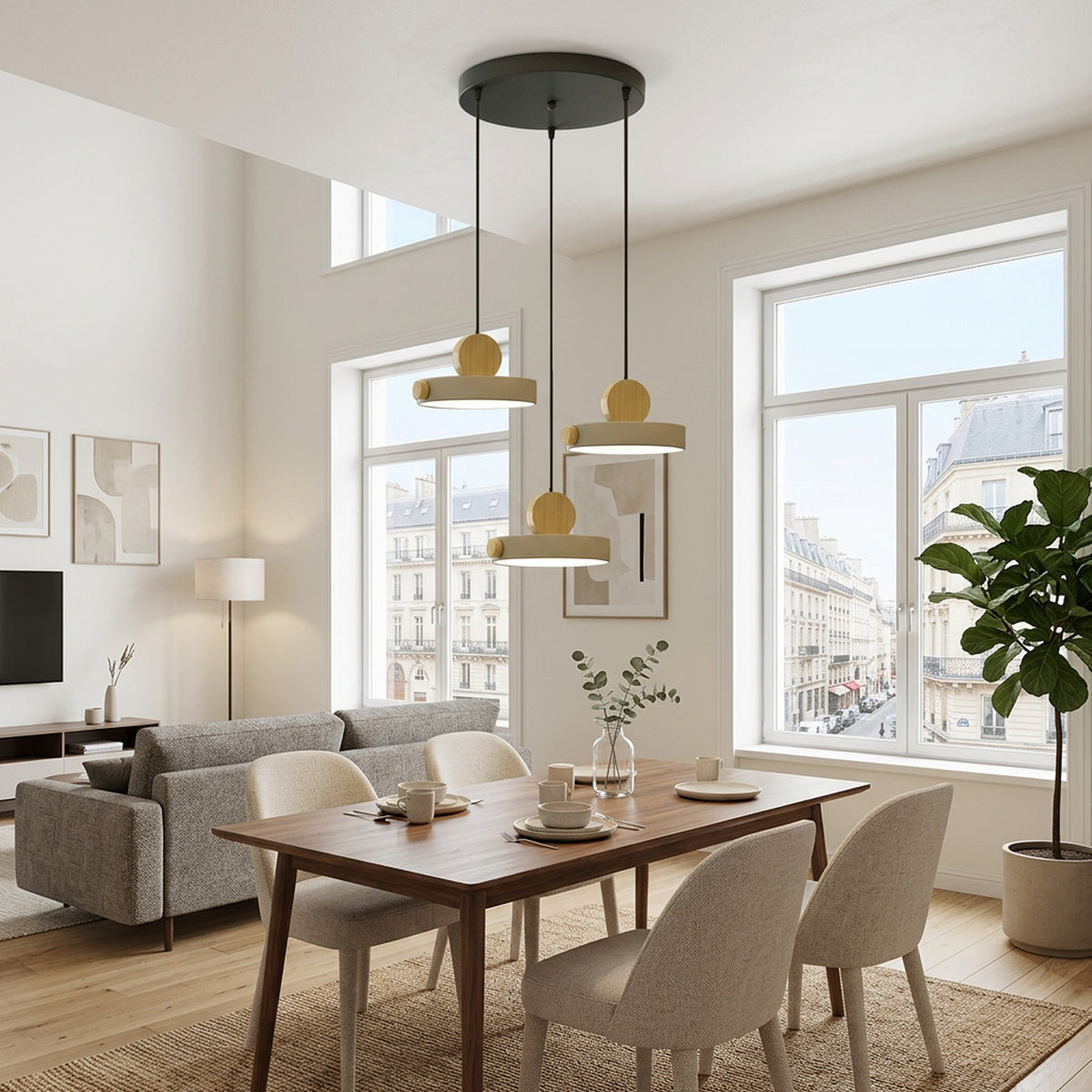 Nordic Circular Disc Iron & Wood Pendant Lights for Dining Area