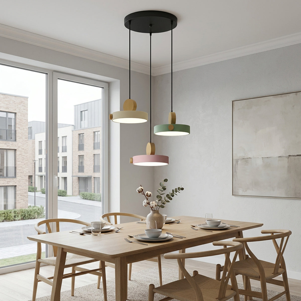Nordic Circular Disc Iron & Wood Pendant Lights for Dining Area