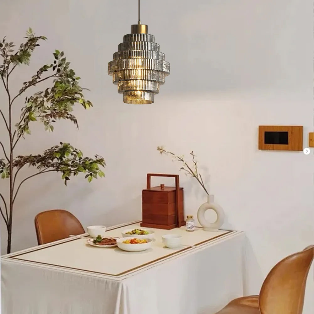 Antique Stripped Glass Brass Pendant Light