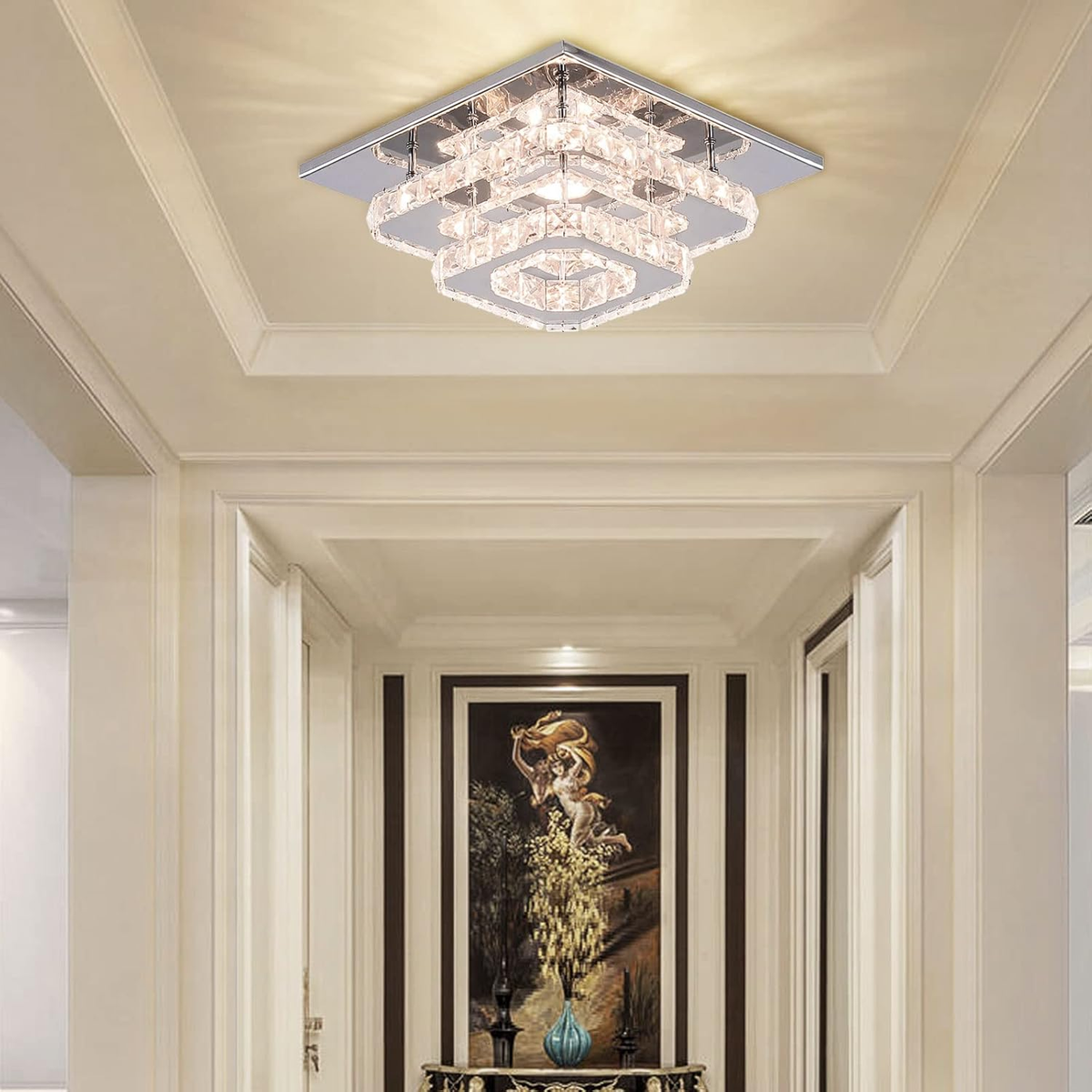 2 Layers Round LED Crystal Silver Ceiling Light for Hallway Kitchen