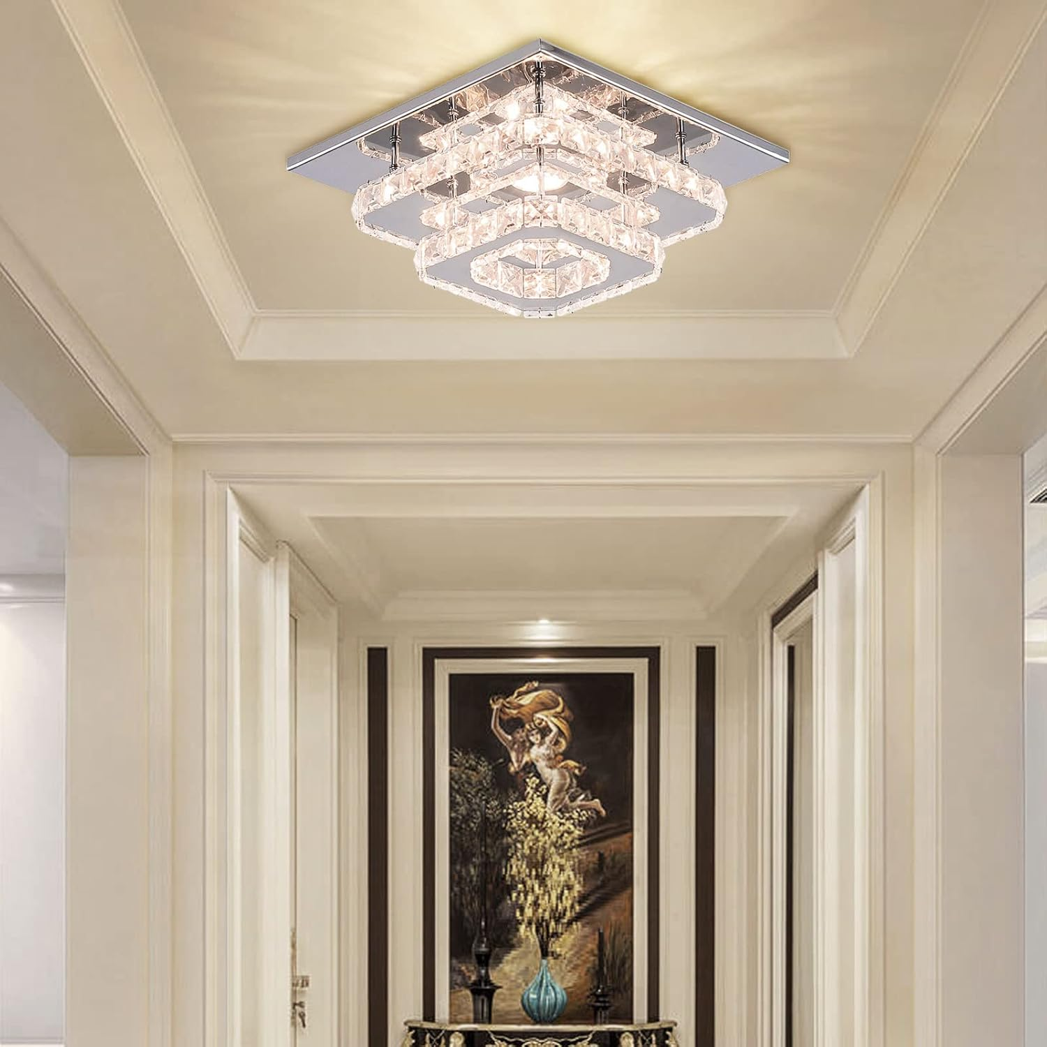 2 Layers Round LED Crystal Silver Ceiling Light for Hallway Kitchen