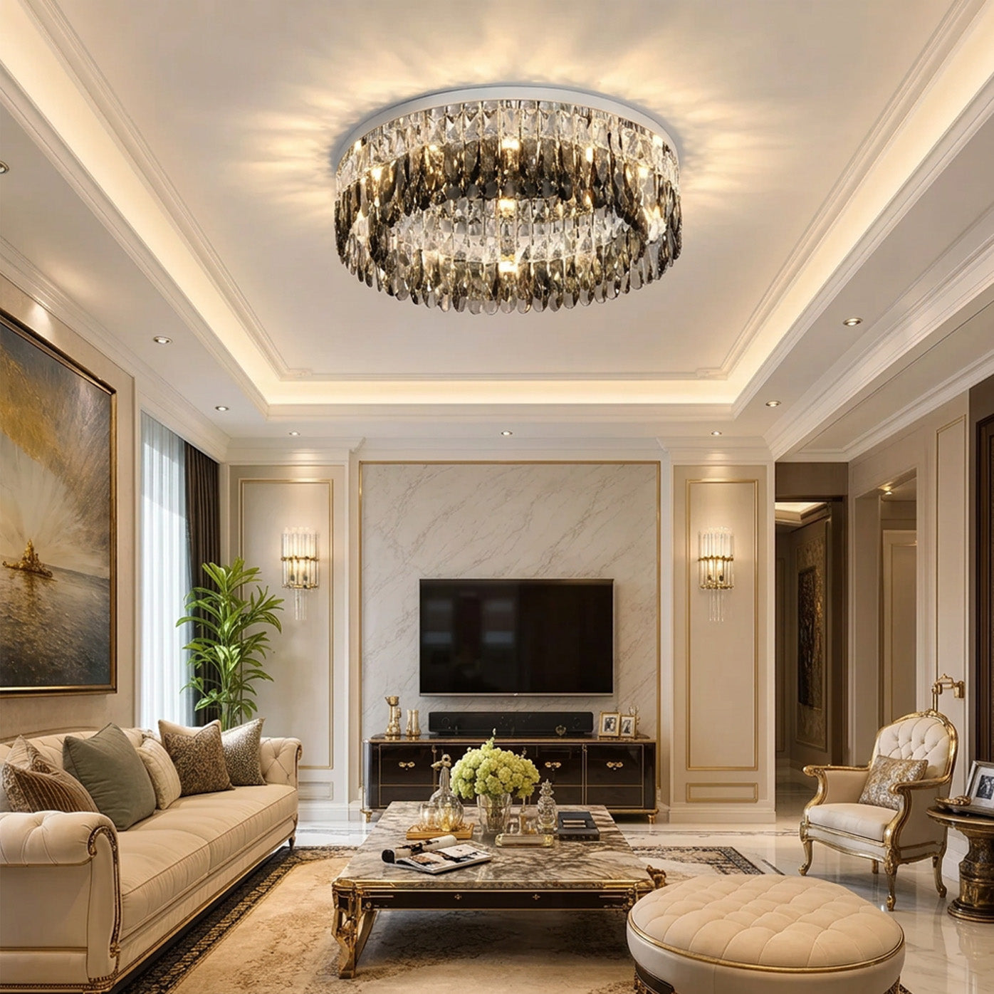 Contemporary Crystal Silver Ring Flush Mount Ceiling Light for Living Room