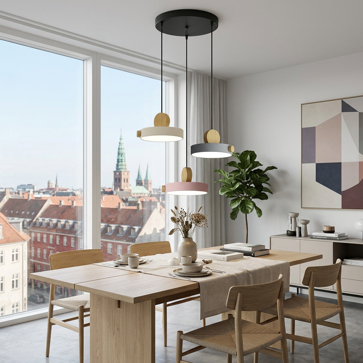 Nordic Circular Disc Iron & Wood Pendant Lights for Dining Area