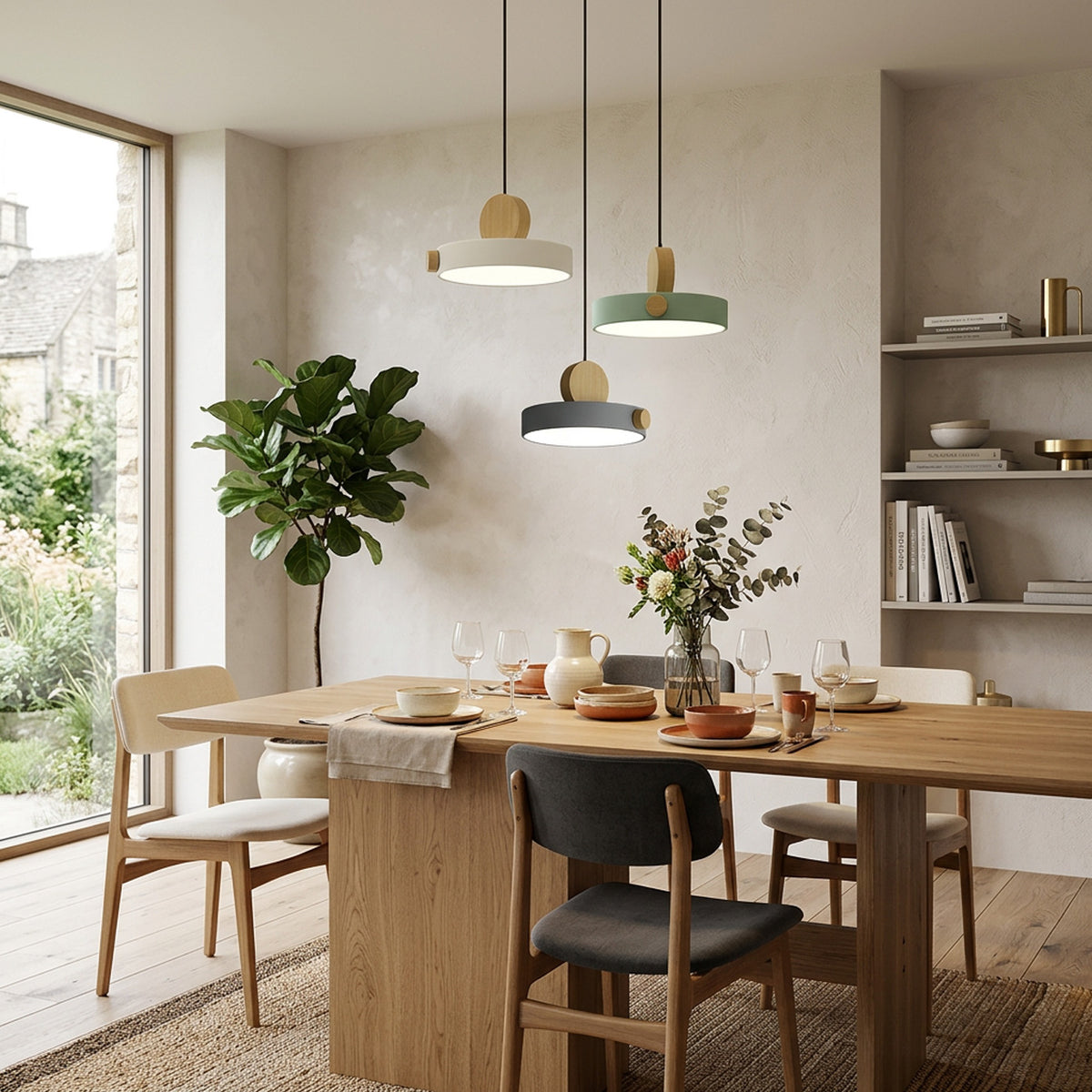 Nordic Circular Disc Iron & Wood Pendant Lights for Dining Area