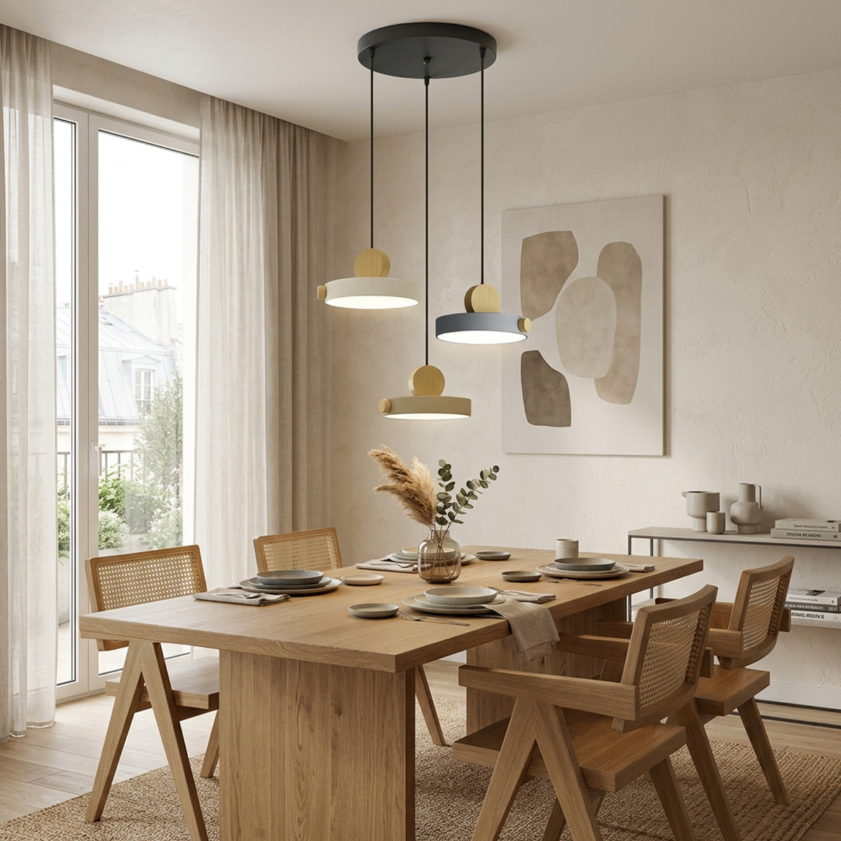 Nordic Circular Disc Iron & Wood Pendant Lights for Dining Area