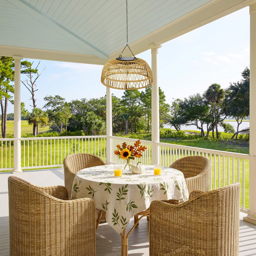 Outdoor Solar Dome Rattan Pendent Lights for Patio Garden Porch