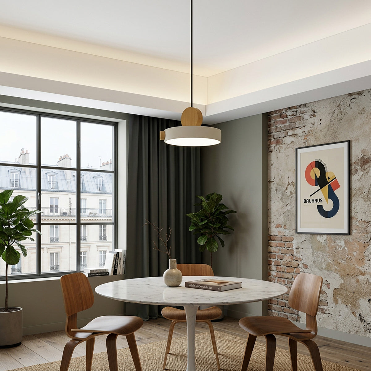 Nordic Circular Disc Iron & Wood Pendant Lights for Dining Area