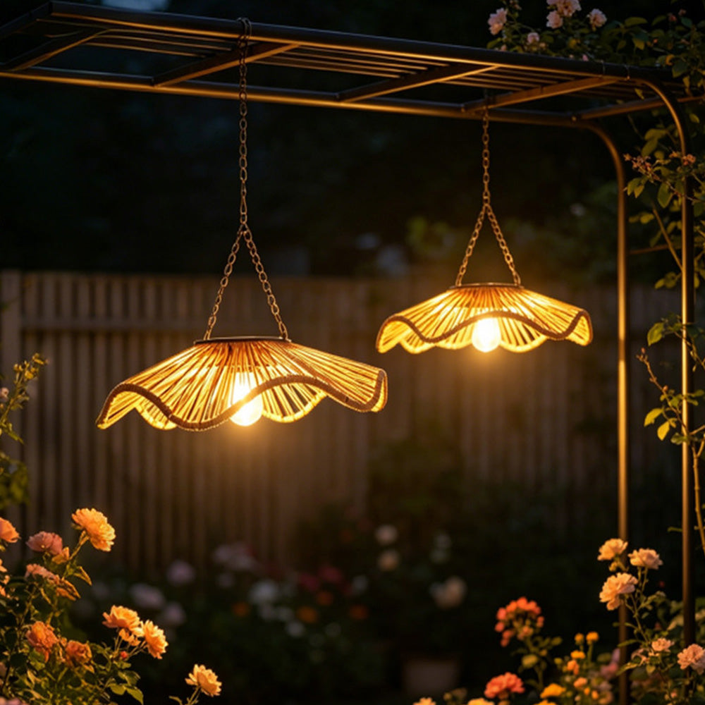 Outdoor Solar Wavy Woven Rattan Pendant Light for Patio Garden Gazebo