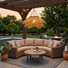 Outdoor Solar Wavy Woven Rattan Pendant Light for Patio Garden Gazebo