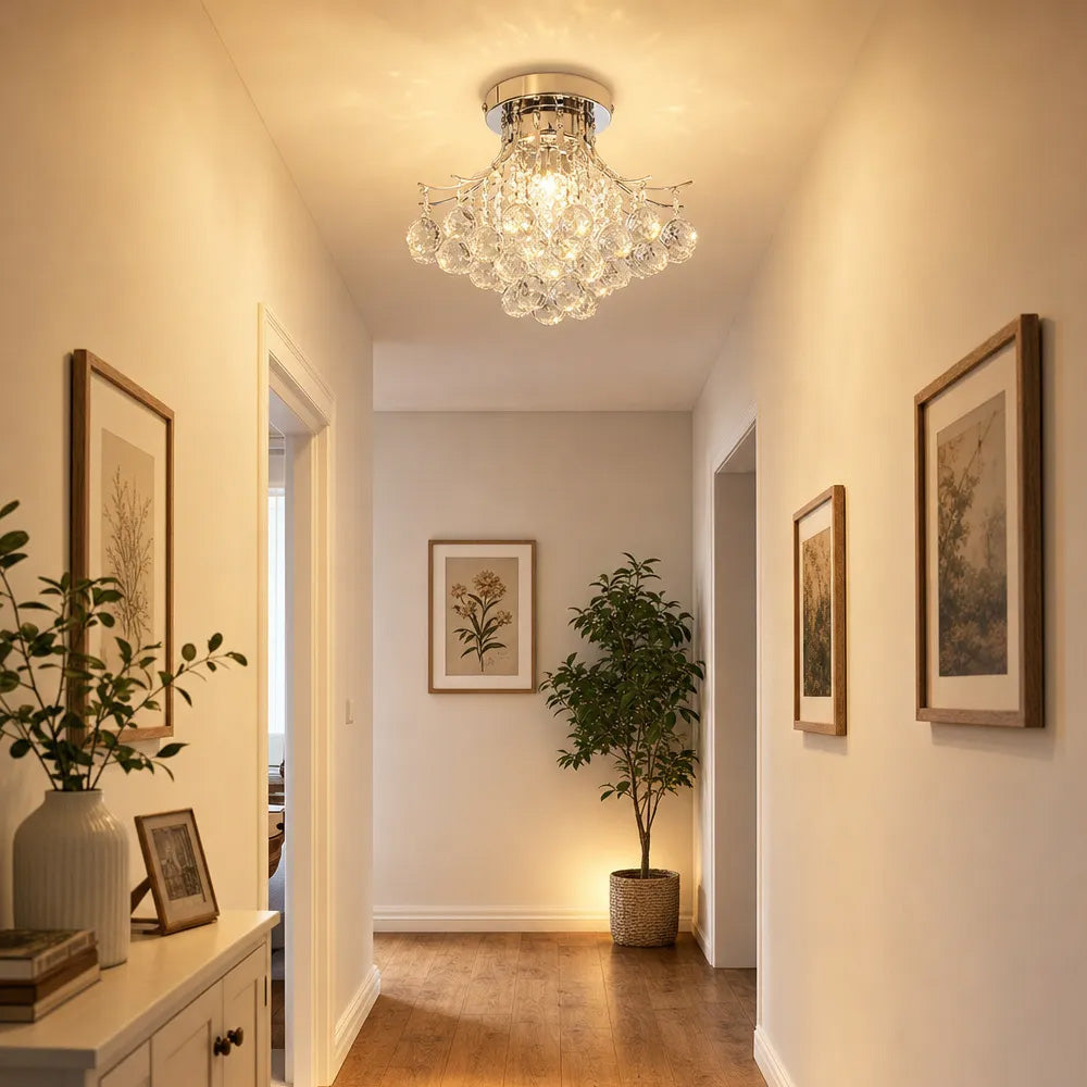 Silver Crystal Bouquet Semi-Flush Ceiling Light for Hallway