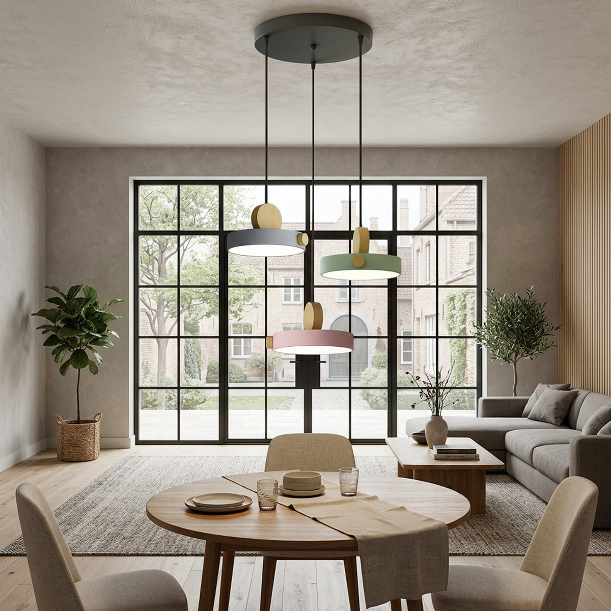 Nordic Circular Disc Iron & Wood Pendant Lights for Dining Area