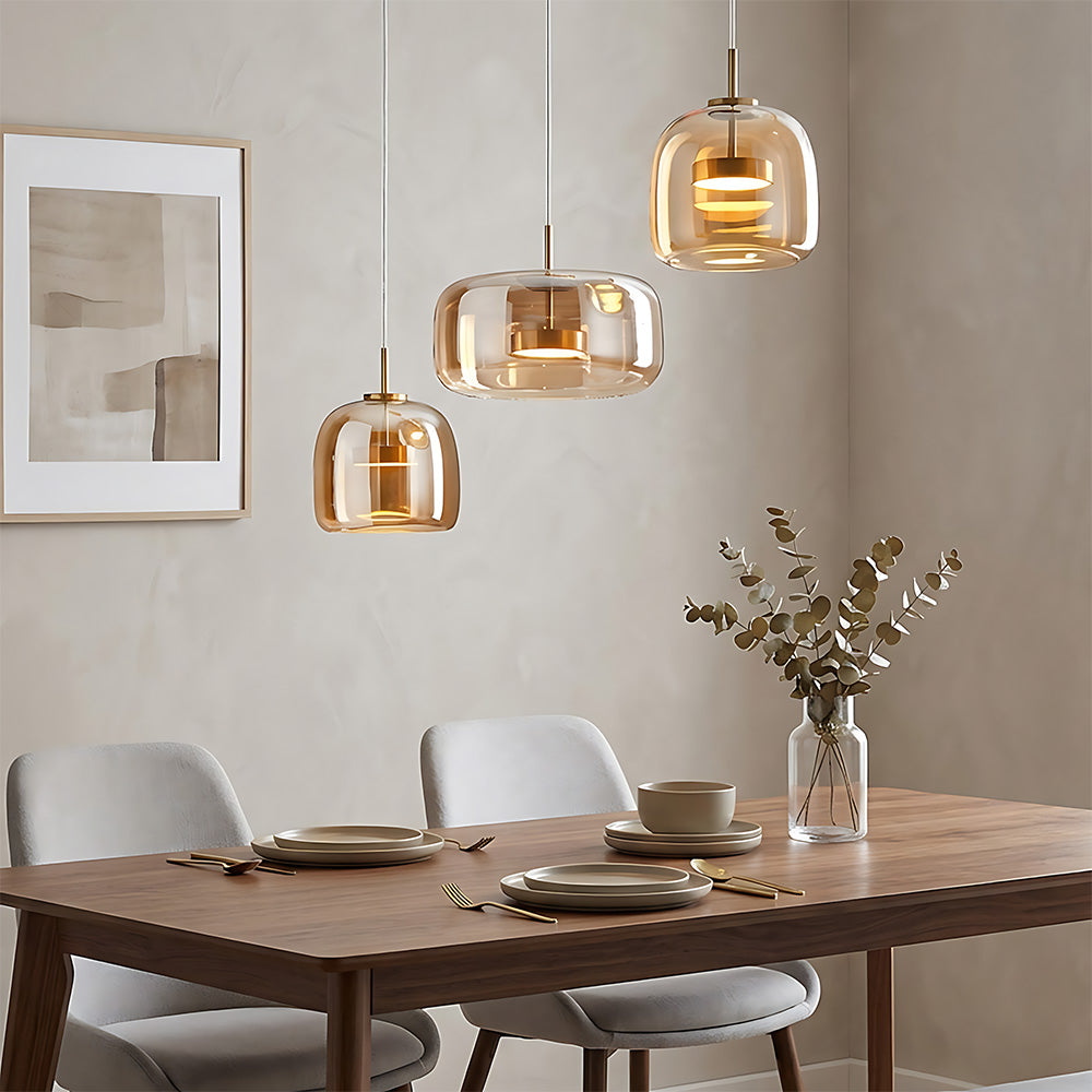Elegant Amber Glass Iron LED Pendant Lights for Living Room