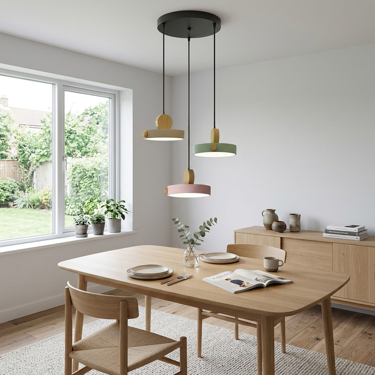 Nordic Circular Disc Iron & Wood Pendant Lights for Dining Area