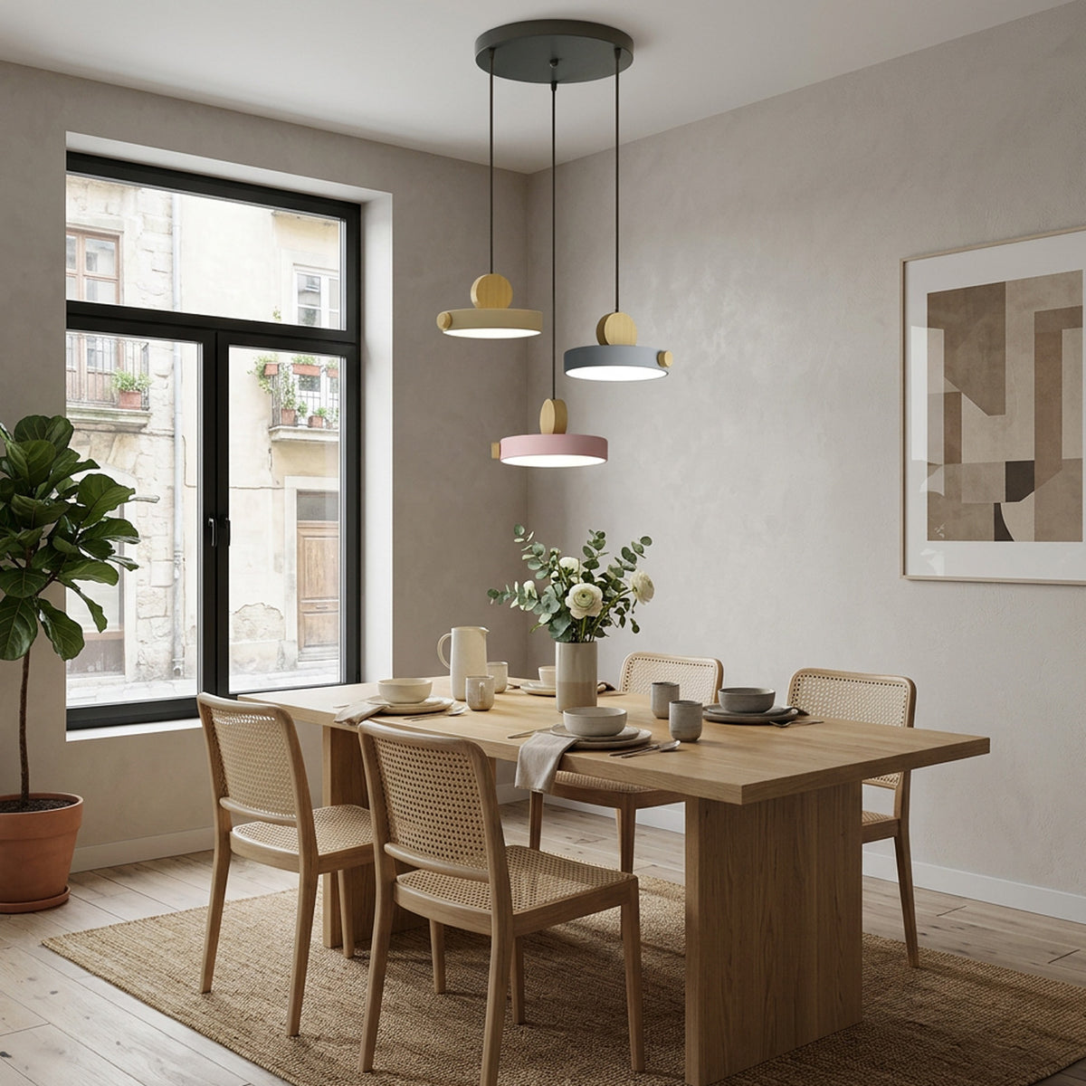 Nordic Circular Disc Iron & Wood Pendant Lights for Dining Area