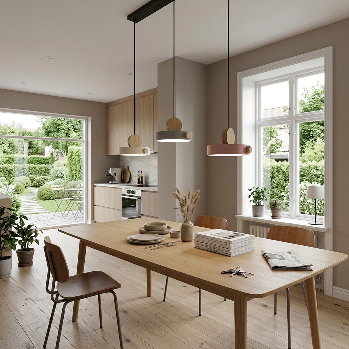 Nordic Circular Disc Iron & Wood Pendant Lights for Dining Area