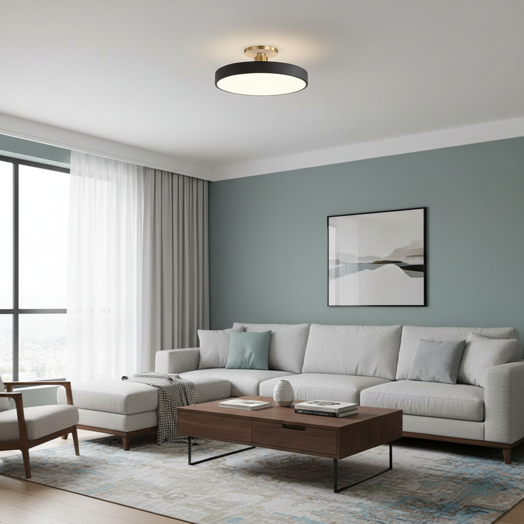 Modern LED Black Circular Semi Flush Ceiling Lights for Living Room