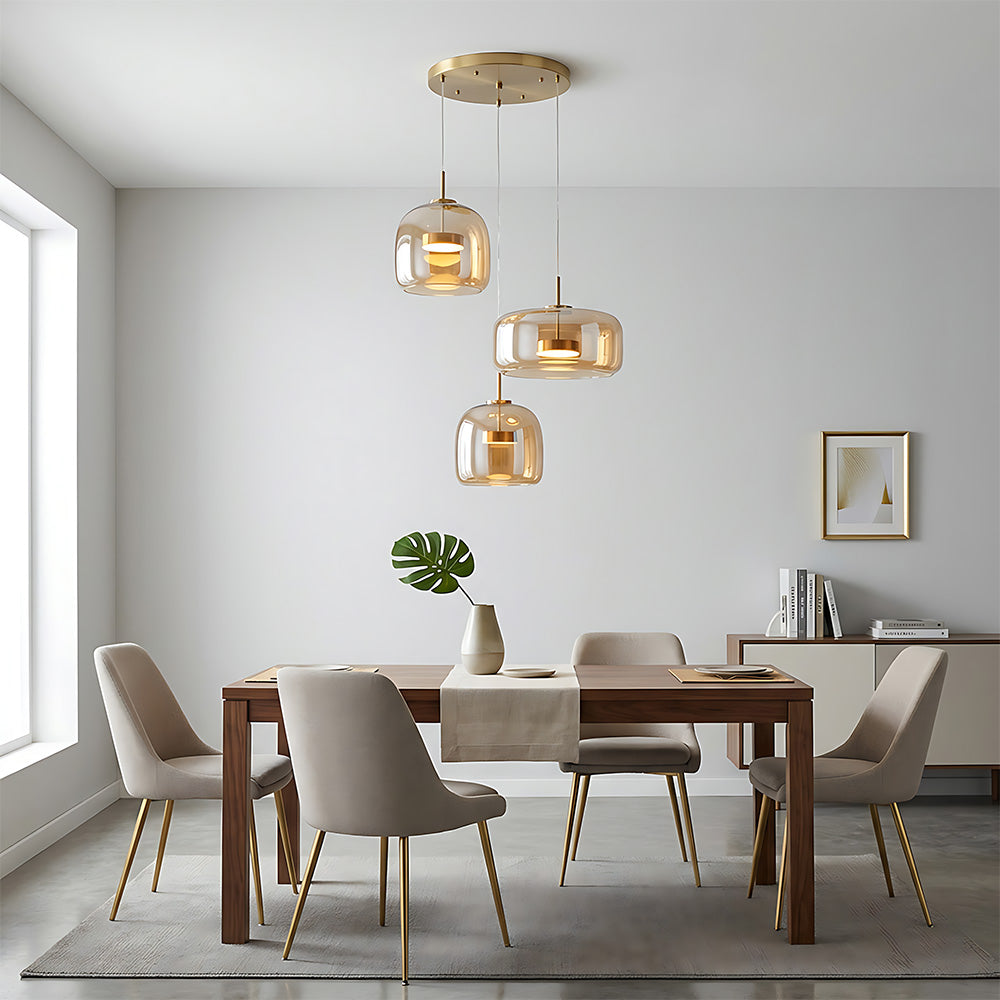 Elegant Amber Glass Iron LED Pendant Lights for Living Room
