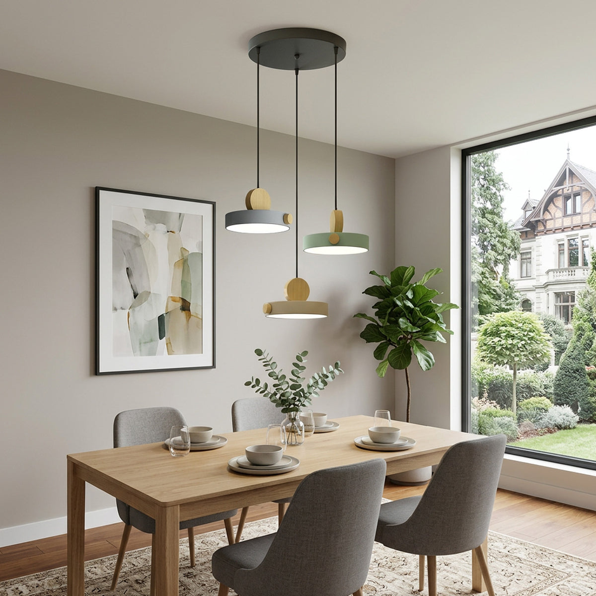 Nordic Circular Disc Iron & Wood Pendant Lights for Dining Area