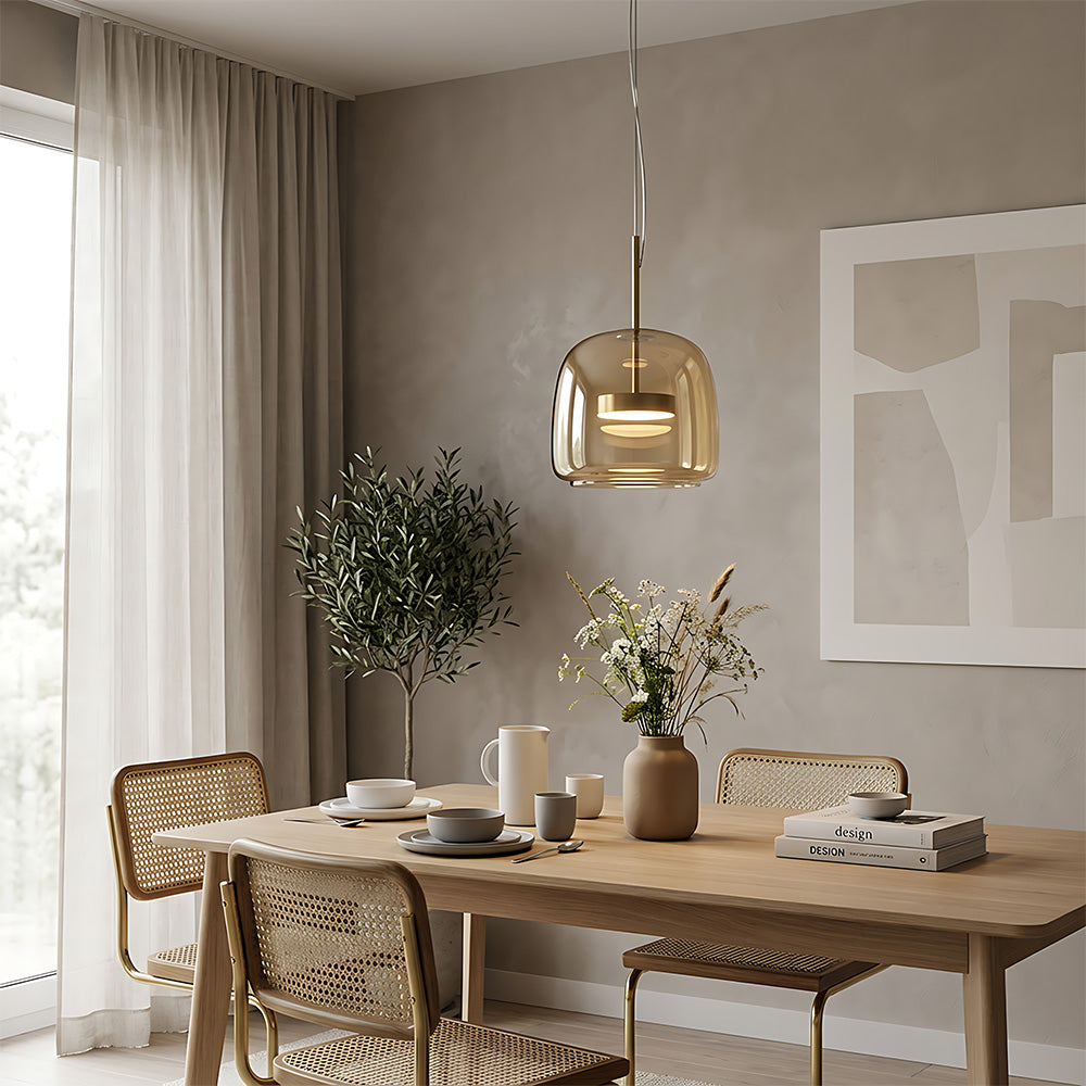 Elegant Amber Glass Iron LED Pendant Lights for Living Room