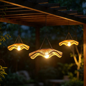 Outdoor Solar Wavy Woven Rattan Pendant Light for Patio Garden Gazebo