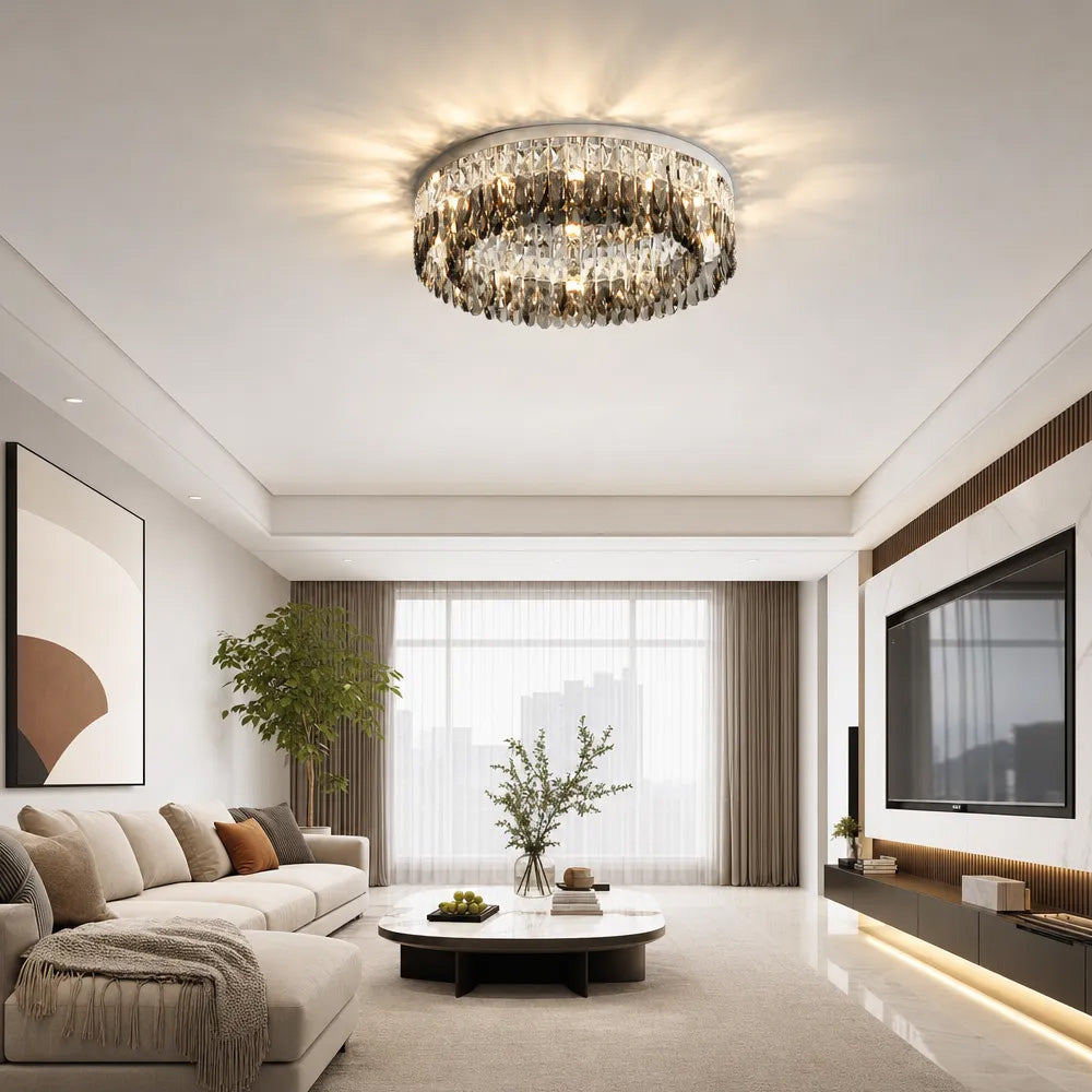 Contemporary Crystal Silver Ring Flush Mount Ceiling Light for Living Room