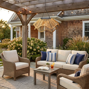 Outdoor Solar Wavy Woven Rattan Pendant Light for Patio Garden Gazebo