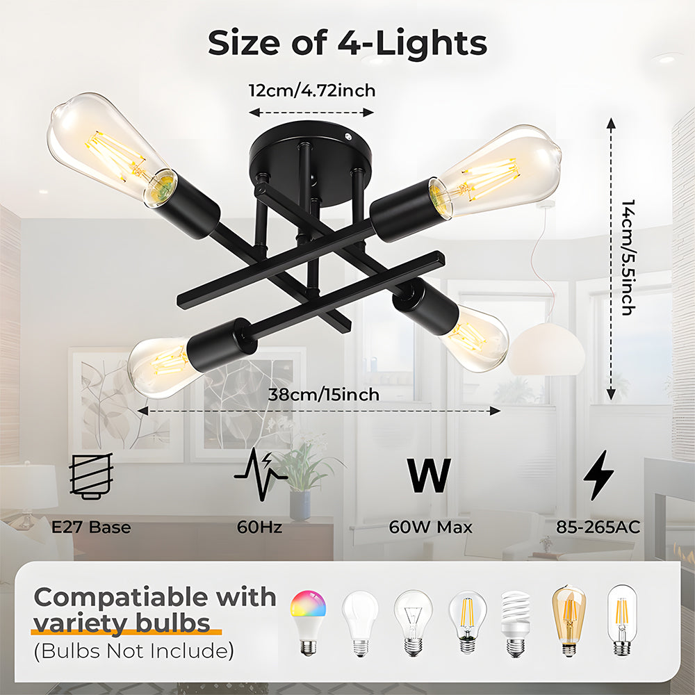 Sputnik Black Semi Flush Mount Ceiling Light for Farmhouse Kitchen Dining Room Hallway