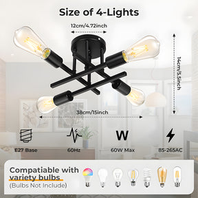 Sputnik Black Semi Flush Mount Ceiling Light for Farmhouse Kitchen Dining Room Hallway