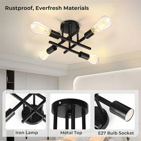 Sputnik Black Semi Flush Mount Ceiling Light for Farmhouse Kitchen Dining Room Hallway