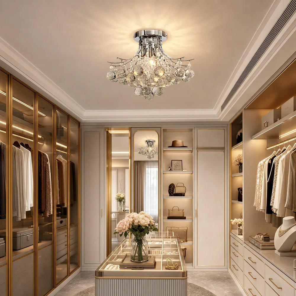 Silver Crystal Bouquet Semi-Flush Ceiling Light for Hallway
