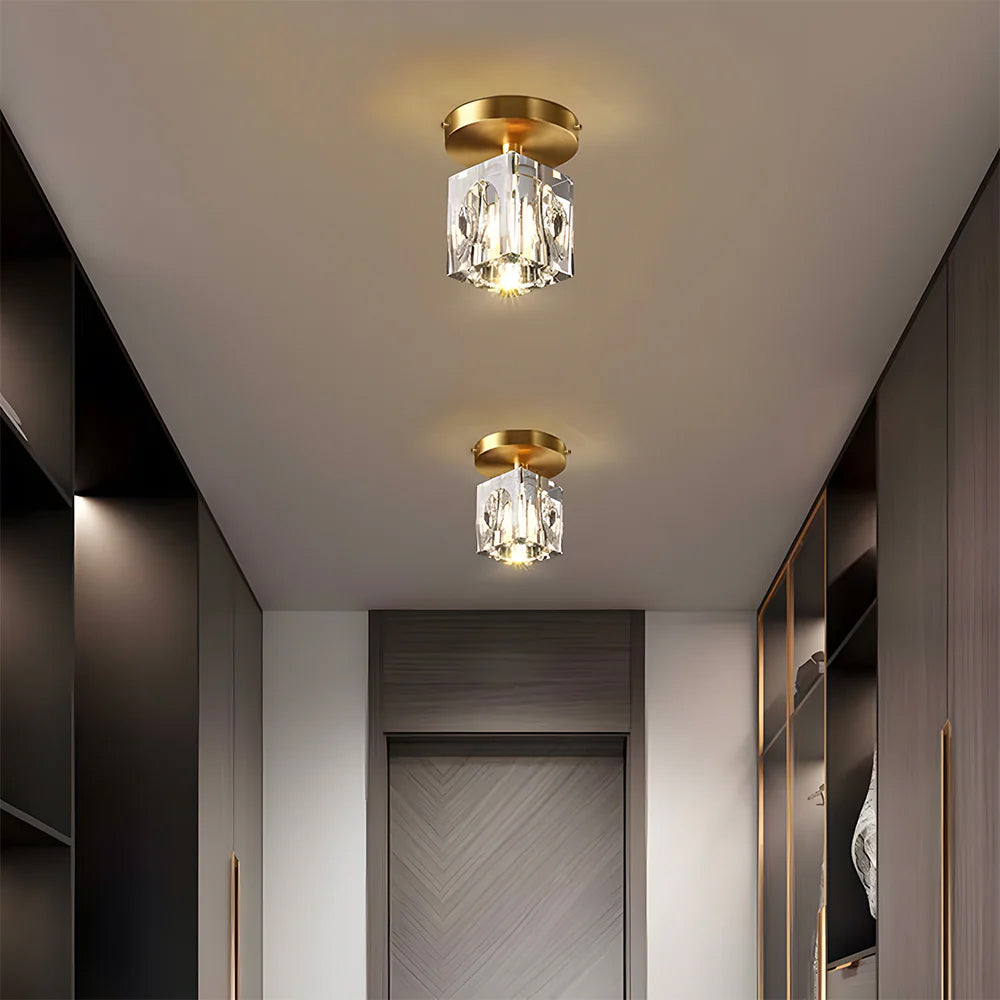 Modern Crystal Ceiling Light Fixture, Mini Flush Mount Copper Chandelier