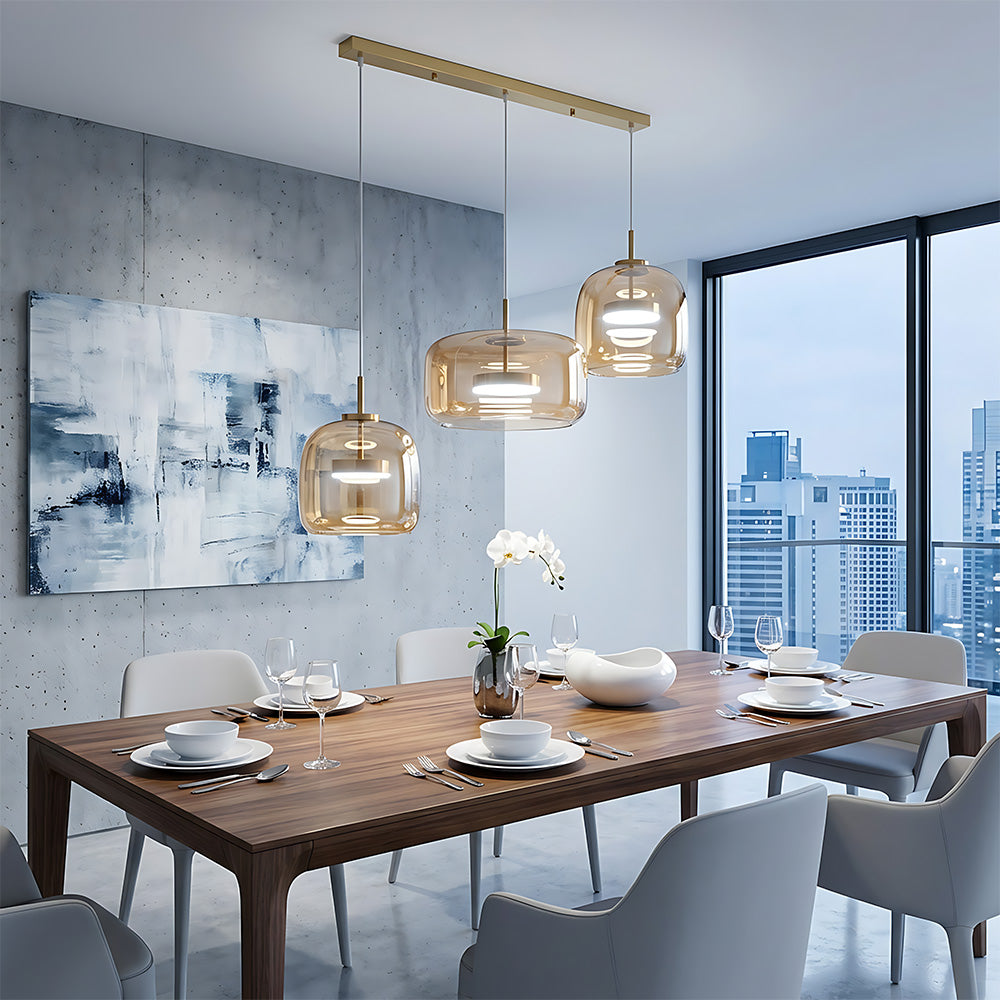 Elegant Amber Glass Iron LED Pendant Lights for Living Room