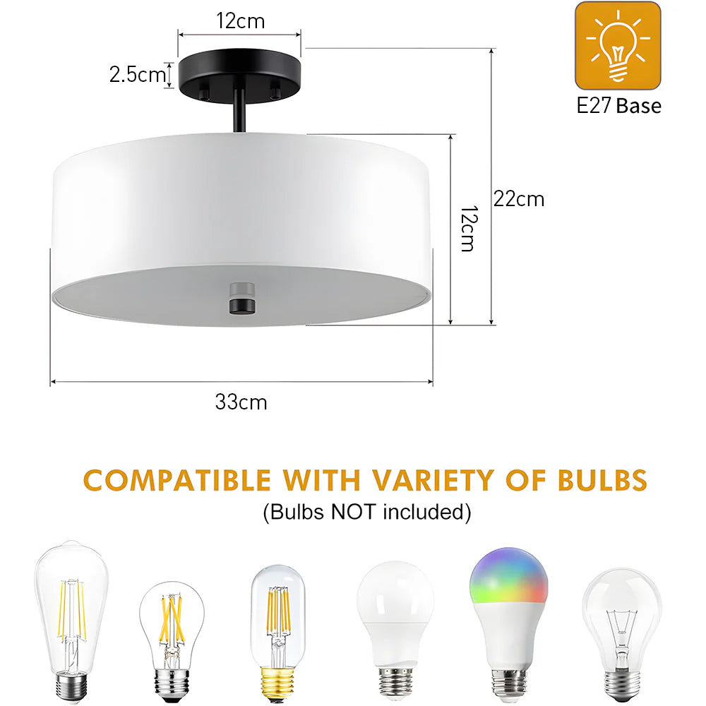 Semi Flush Mount 3-Light White Fabric Lamp shade