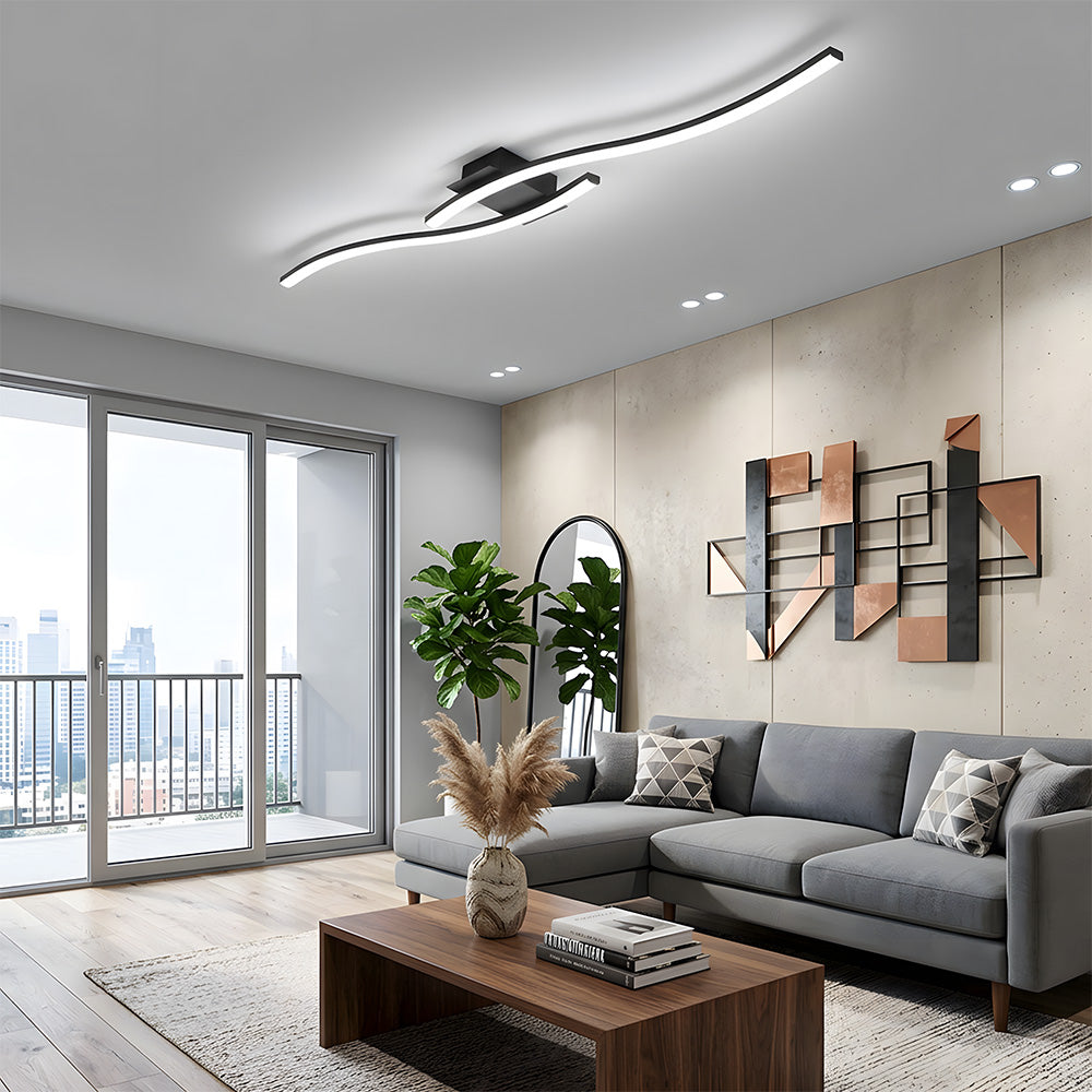 Modern Black Linear Flush Mount Wave LED Ceiling Lights for Bedroom
