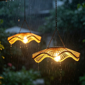 Outdoor Solar Wavy Woven Rattan Pendant Light for Patio Garden Gazebo