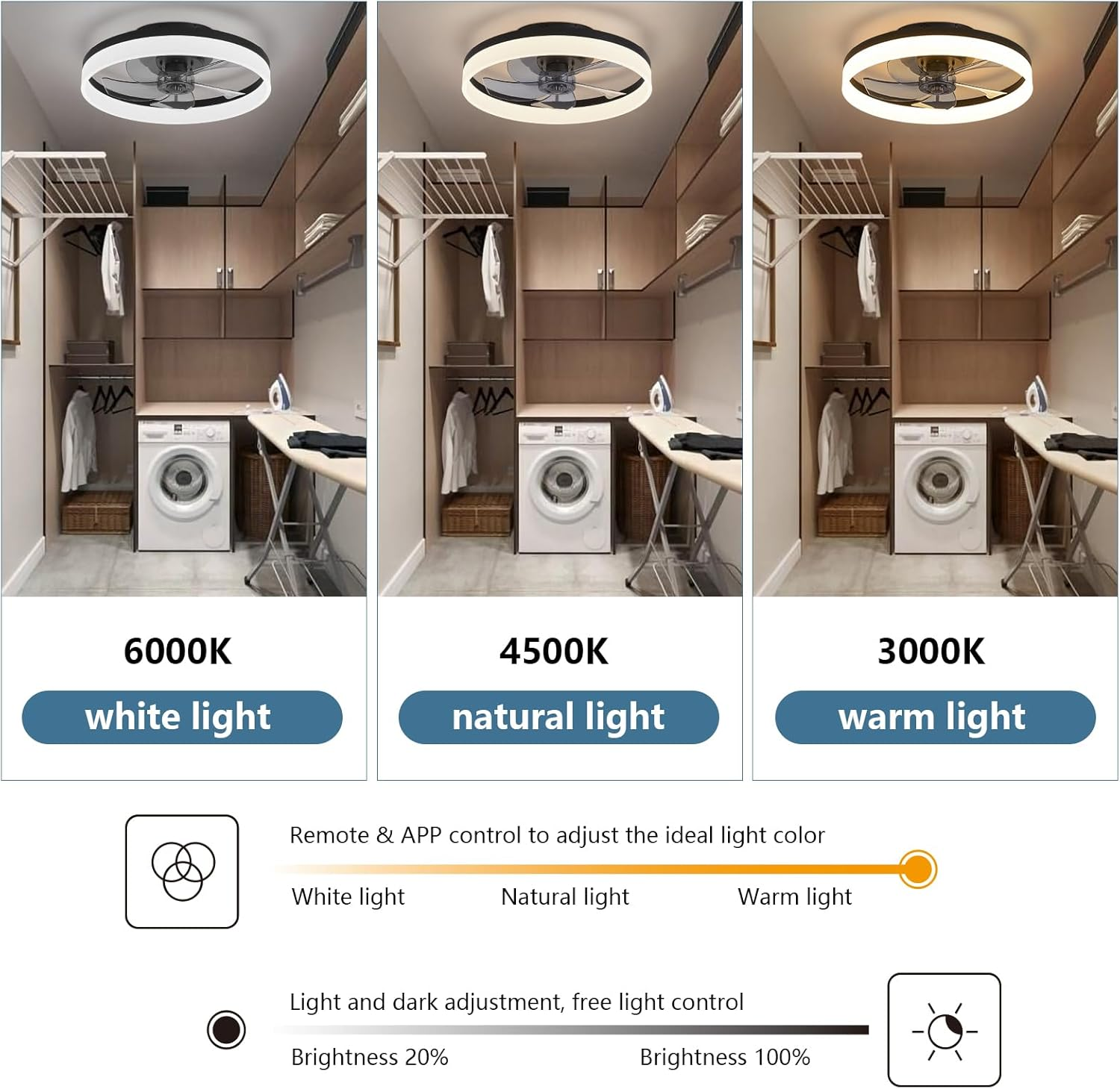 Modern Low Profile Ceiling Fan with Light 6 Speeds Reversible DC Motor Fan Light