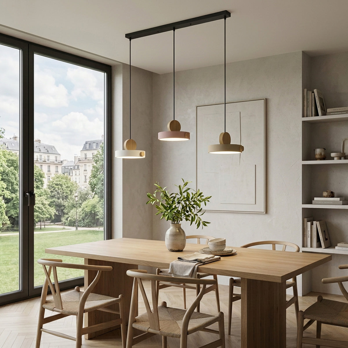Nordic Circular Disc Iron & Wood Pendant Lights for Dining Area