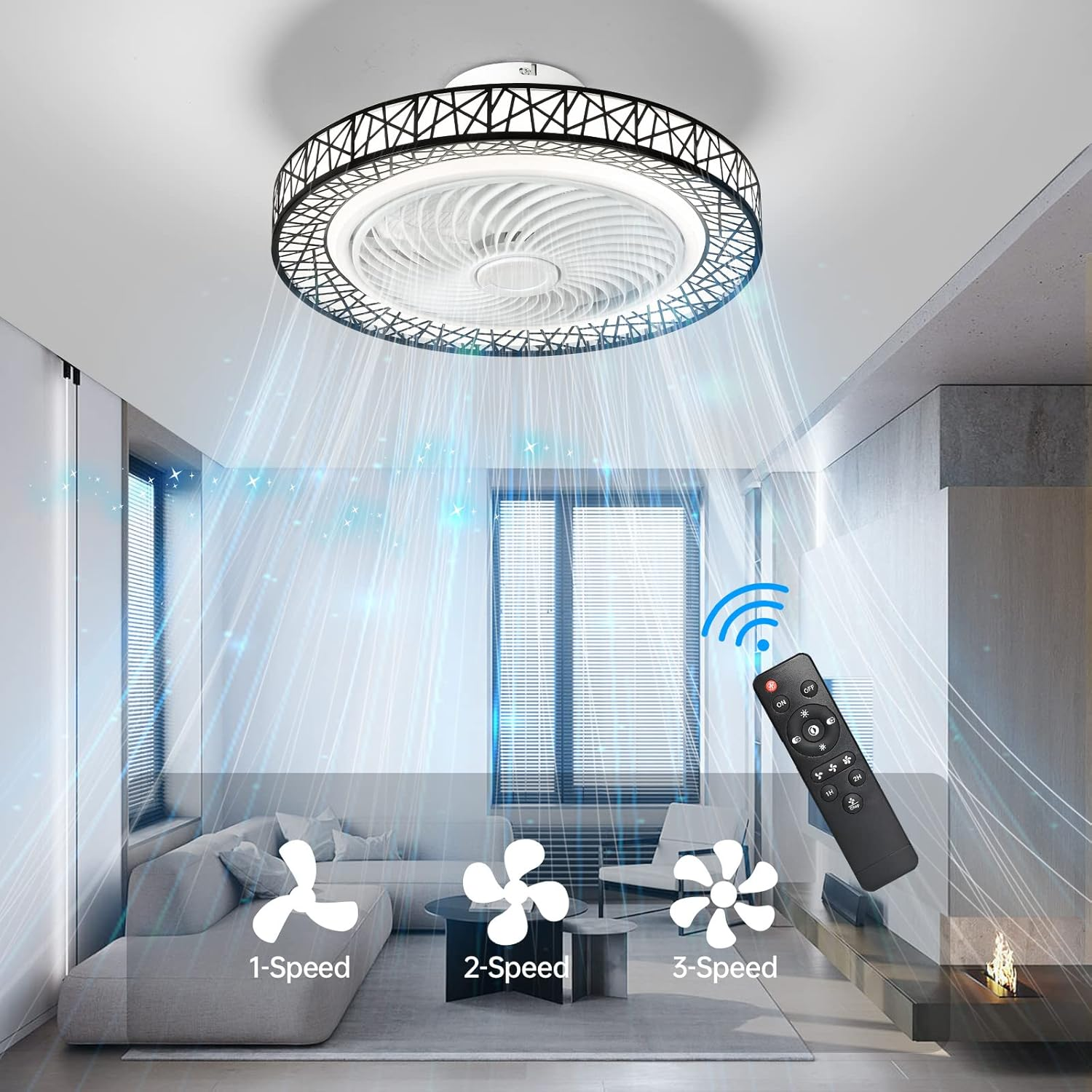 Modern Ceiling Fan with Light for Kids room Kitchen Bedroom, 3 Speed, Low Profile Remote Control