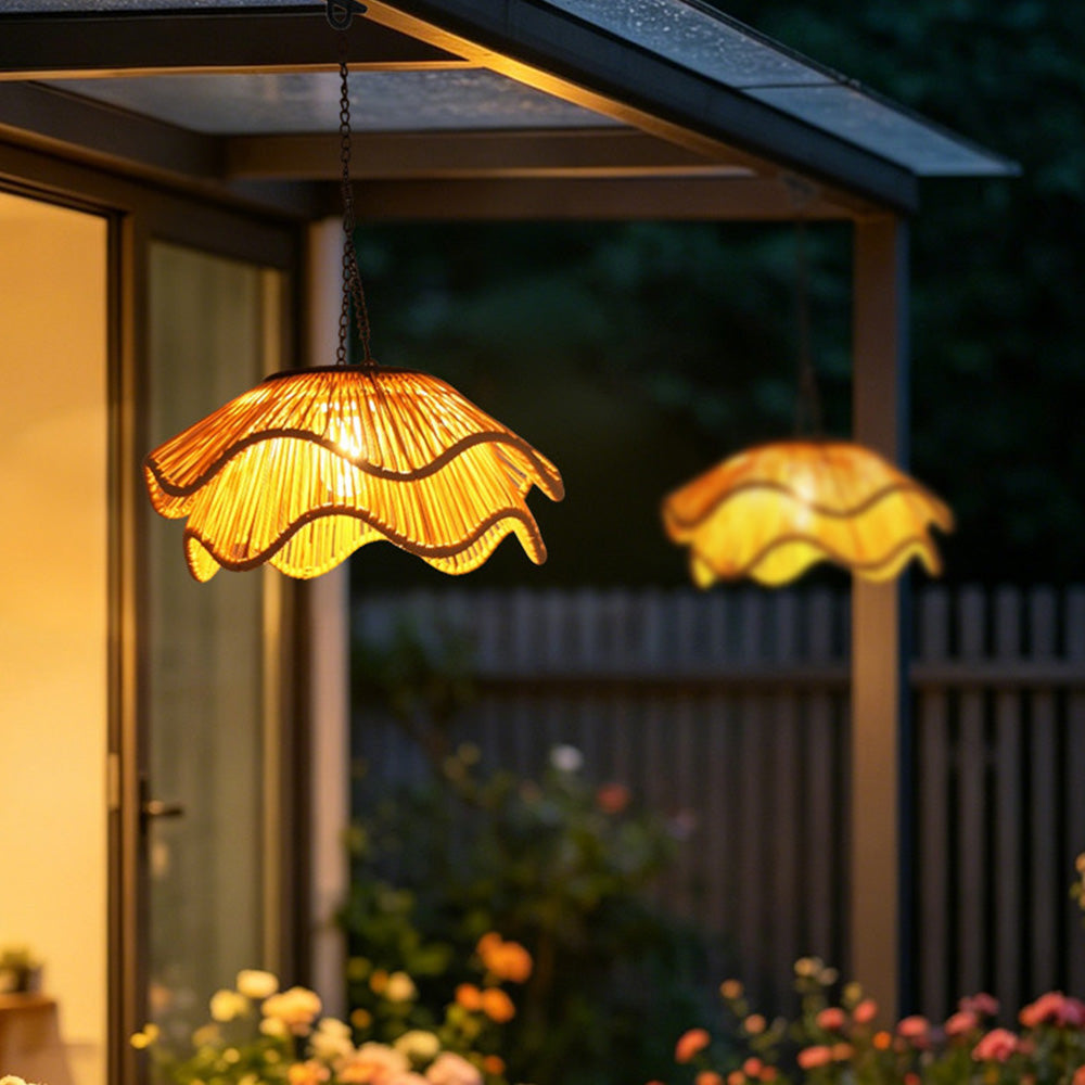 Outdoor Solar Wavy Woven Rattan Pendant Light for Patio Garden Gazebo