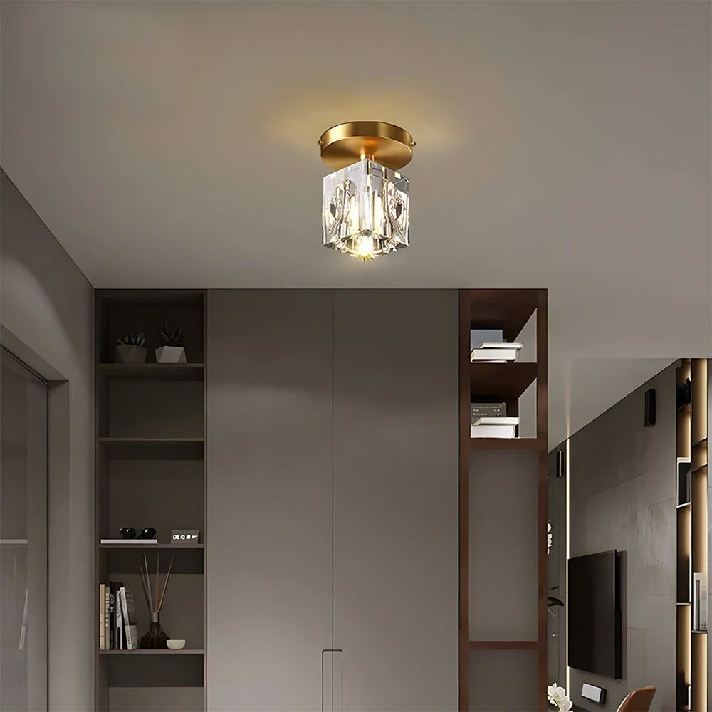 Modern Crystal Ceiling Light Fixture, Mini Flush Mount Copper Chandelier